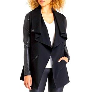 NEW SPANX ponte vegan leather sleeve drape front jacket in very black